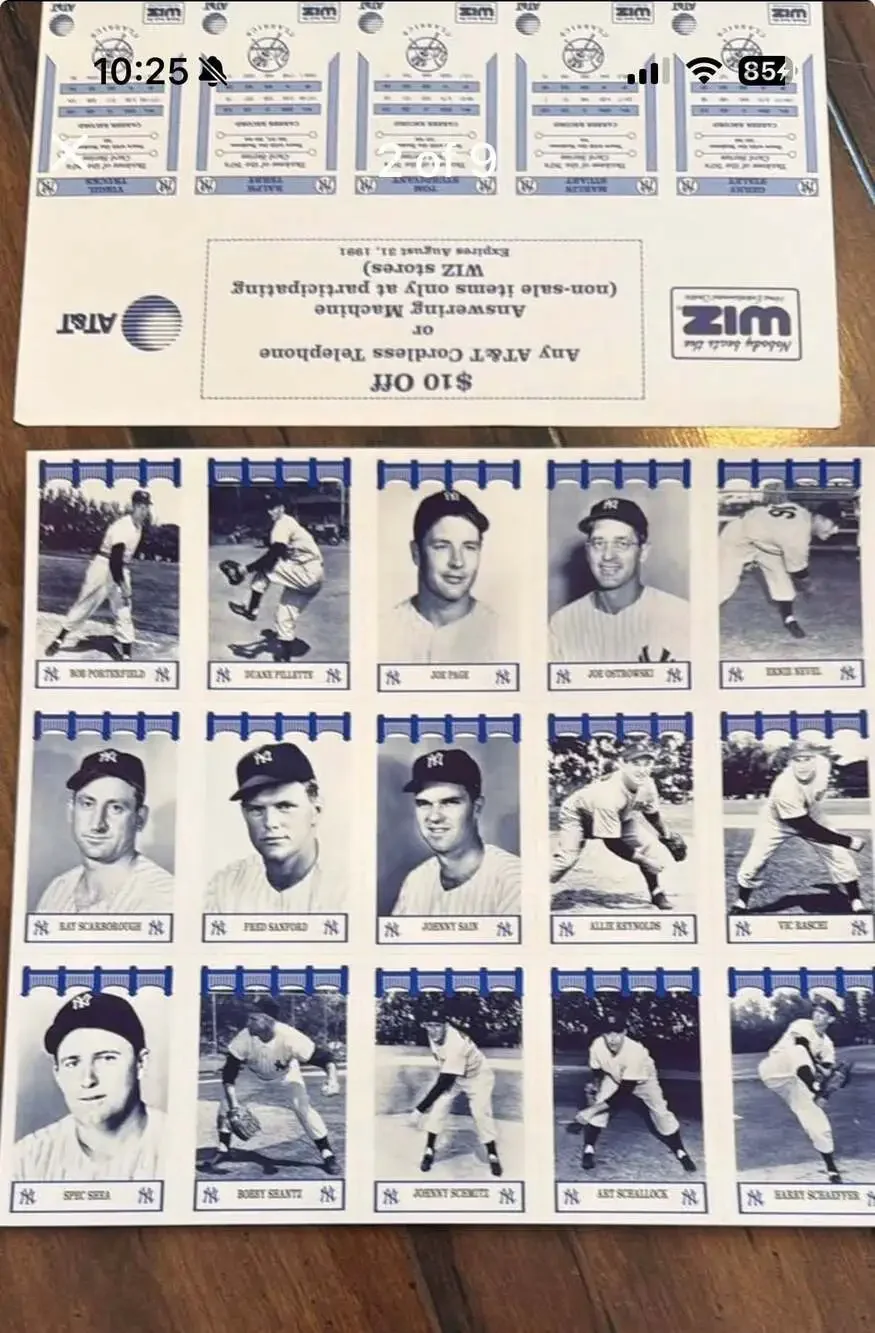 1991 Nobody Beats The Wiz New York Yankees of the 50's Complete Uncut Card Sheet